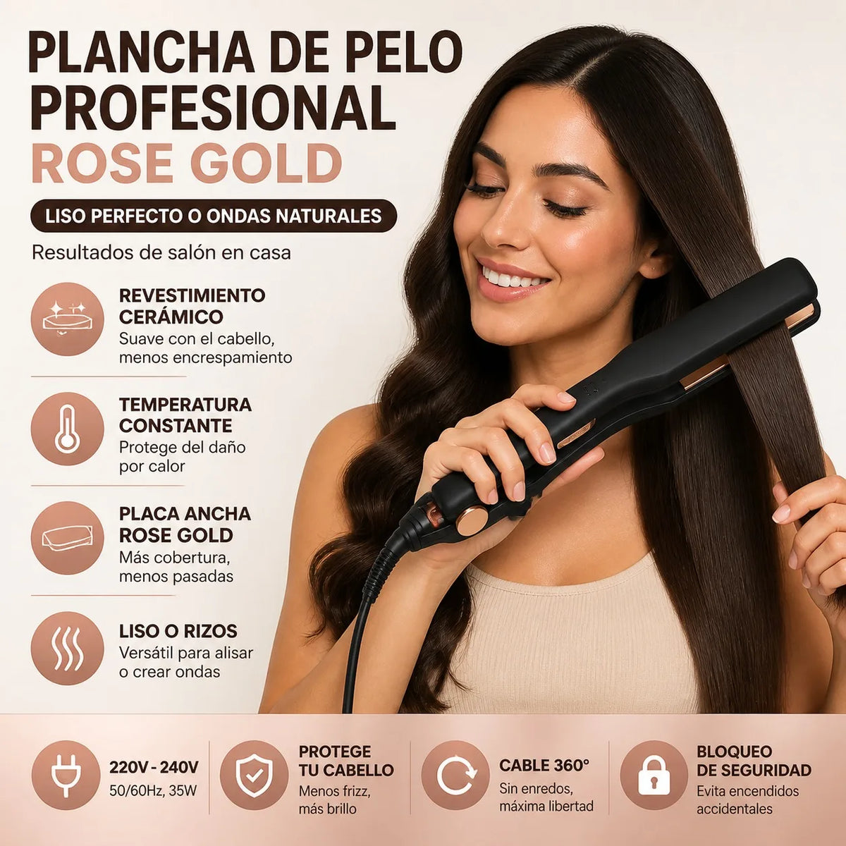 Prancha de Cabelo Cerâmica Rose Gold 2 em 1 Profissional