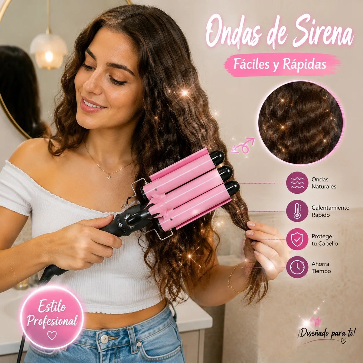 Modelador de Cabelo 3 Barras Cerâmica para Ondas Sereia