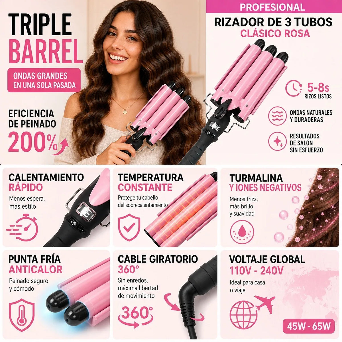 Modelador de Cabelo 3 Barras Cerâmica para Ondas Sereia