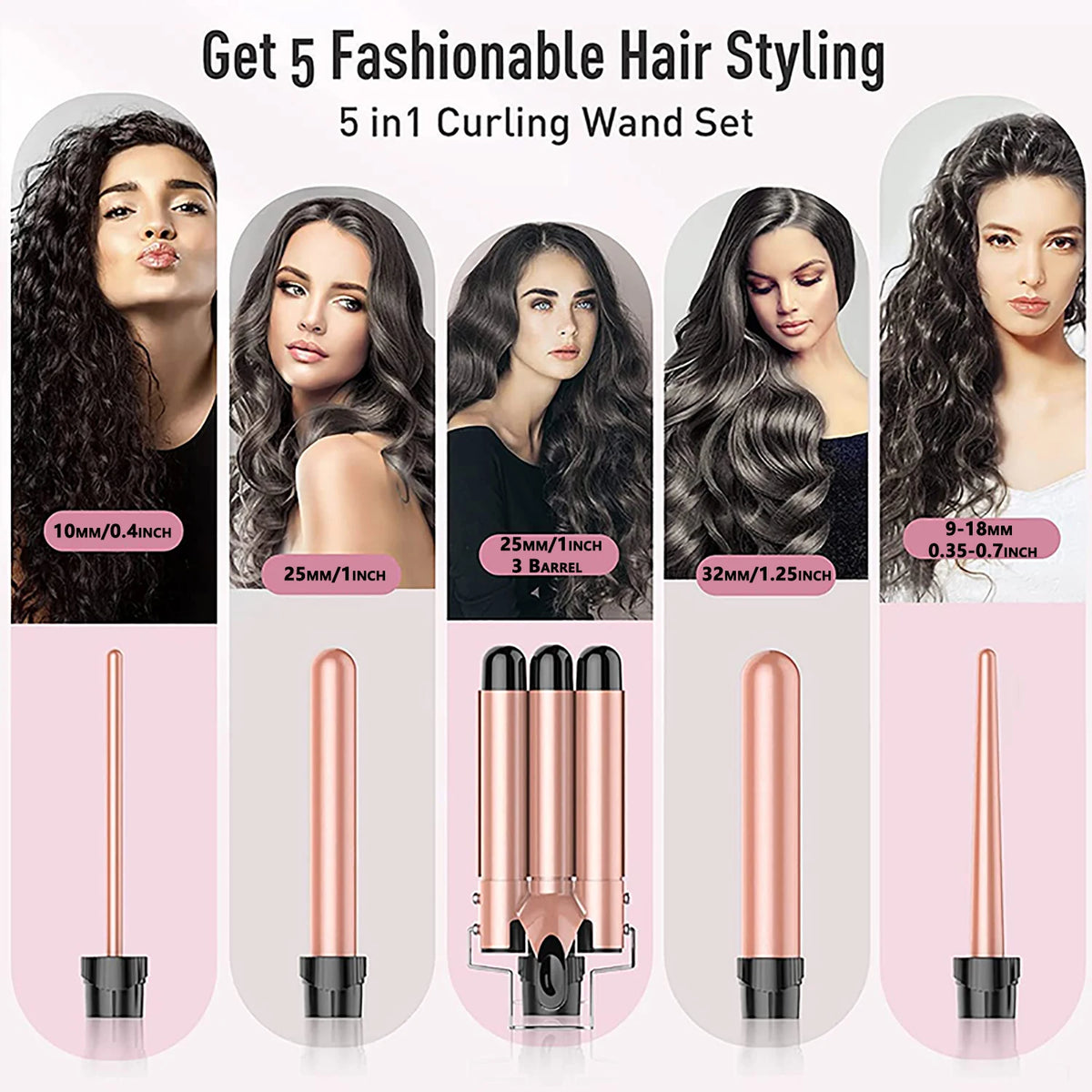 Modelador de Cabelo 5-em-1 com Três Barras e Ondas de Praia