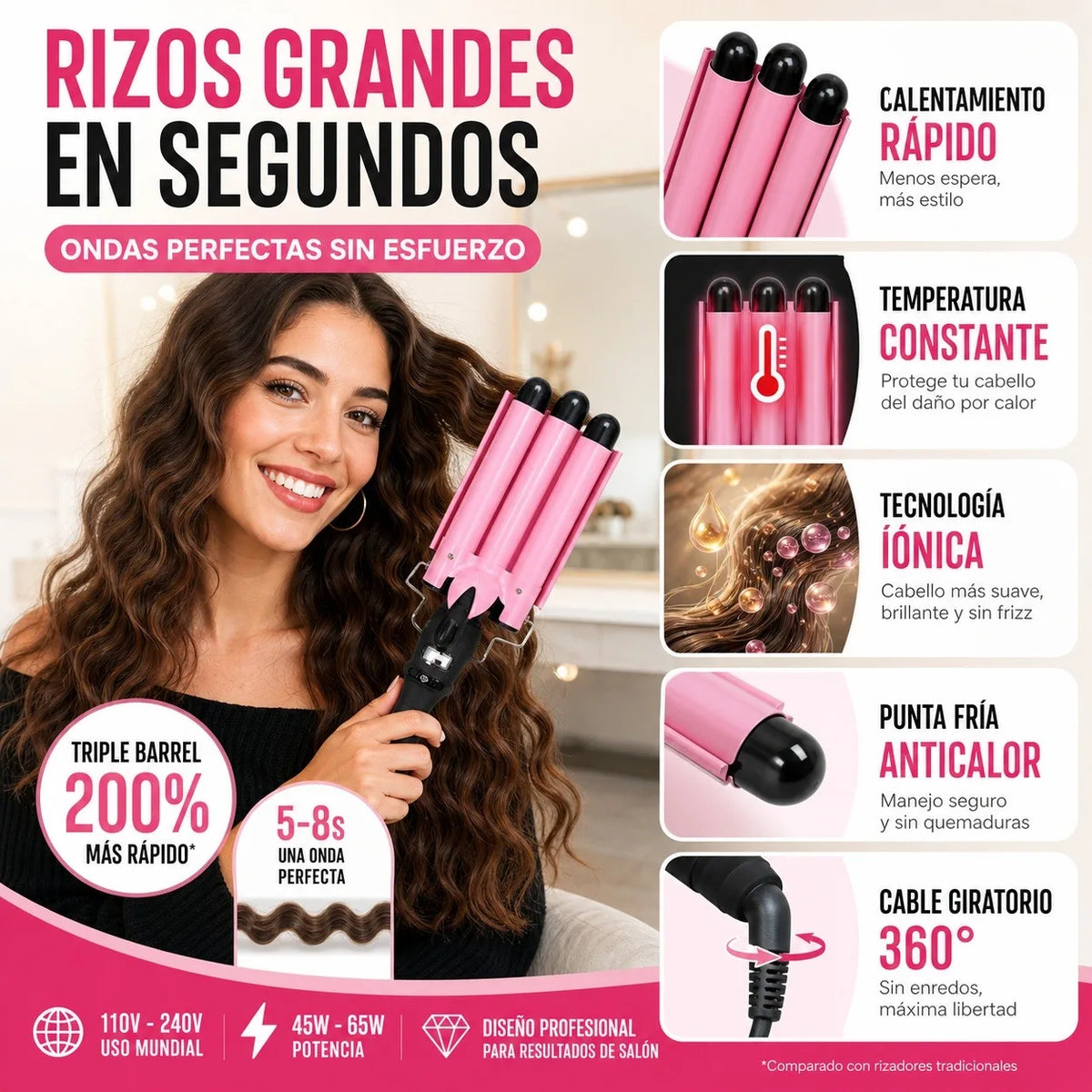 Modelador de Cabelo 3 Barras Cerâmica para Ondas Sereia