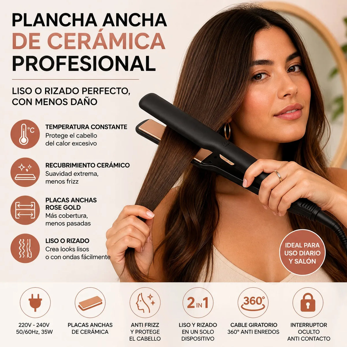 Prancha de Cabelo Cerâmica Rose Gold 2 em 1 Profissional