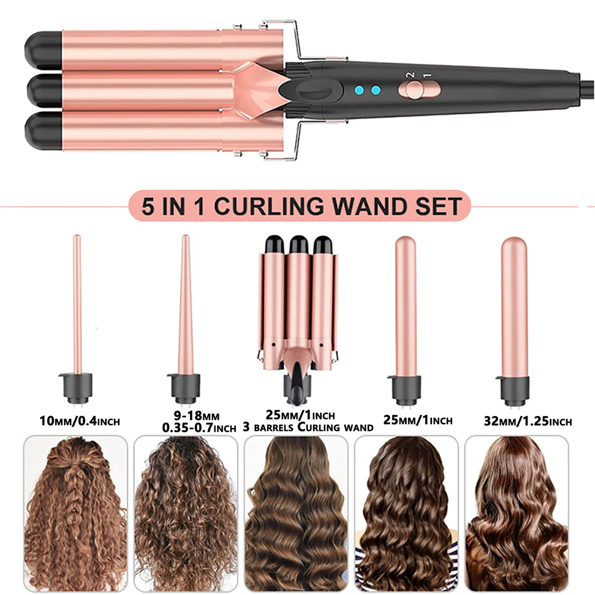 Modelador de Cabelo 5-em-1 com Três Barras e Ondas de Praia